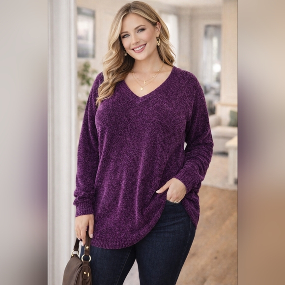 Cherokee Sweaters - Cherokee Sweater Plus Size 1X Purple Chenille V-Neck Cozy Soft Plush Casual Warm